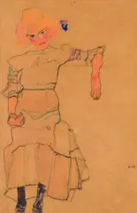 Egon Schiele, Gertrude Schiele Seated, 1910, watercolour and black crayon on paper; framed