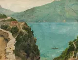 the small steamer (view into the river valley, Isonzo?), maybe Lake Garda by Emilie Mediz-Pelikan, 1887/88, oil on canvas; framed, sold Mar 2024
