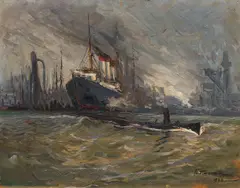 Franz Trenk, Ships in the harbour, 1922, oil on cardboard; framed