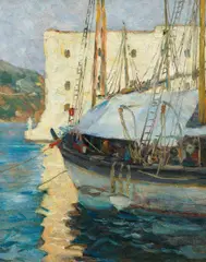 Eduard Ameseder, Dubrovnik harbour, oil on cardboard; framed