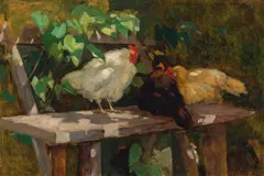 Lilly Charlemont, Chickens on a bench in the garden, 1917, oil on cardboard; framed