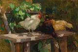 Lilly Charlemont, Chickens on a bench in the garden, 1917, oil on cardboard; framed