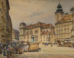 Ernst Graner, Market on the Freyung in Vienna, 1912, watercolour on paper; framed