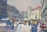 Johann Nepomuk Geller, Market on the Freyung in Vienna, 1900, mixed media on cardboard; framed