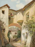 Karl Flieher, Mang-Hof in Weissenkirchen/Wachau, gouache on paper; framed