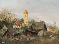 Karl Flieher, Dürnstein with view on the Kunigunden church, gouache on paper; unframed