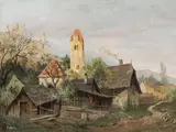 Karl Flieher, Dürnstein with view on the Kunigunden church, gouache on paper; unframed