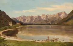 Josef Mayburger, View of Lake Zell with the Steinernem Meer and Prielau Castle, oil on cardboard; framed