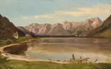 Josef Mayburger, View of Lake Zell with the Steinernem Meer and Prielau Castle, oil on cardboard; framed