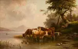 Edmund Mahlknecht, Herd of cattle on the lakeshore, oil on panel; framed