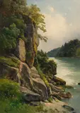 Karl Haunold, Rocky riverbank, oil on cardboard; framed