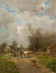 Desire Thomassin, Meeting in front of the village, oil on canvas; framed