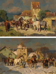 mixed lot (2 Stk.): Horse market in winter and summer by Wilhelm Velten, oil on panel; framed, sold Mar 2024