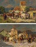 Wilhelm Velten, mixed lot (2 Stk.): Horse market in winter and summer, oil on panel; framed