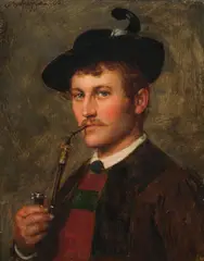 Franz Defregger, Young Tyrolean with pipe, 1906, oil on wood; framed