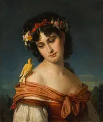 Young woman with canary by Eugen Felix, 1867, oil on canvas; framed, sold Mar 2024