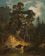 Friedrich Gauermann, Forest landscape with wild boars, c. 1831, oil on paper on cardboard; framed