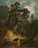 Friedrich Gauermann, Forest landscape with wild boars, c. 1831, oil on paper on cardboard; framed