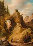 Vinzenz Kreuzer, Hiker in rocky landscape, oil on panel; framed
