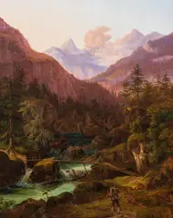 Anton Schiffer, Mountain landscape with wild stream, oil on panel; framed