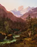Anton Schiffer, Mountain landscape with wild stream, oil on panel; framed