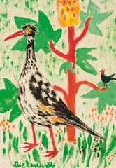 Gerhild Diesner, Black stork with scarlet-headed blackbird, 1964, mixed media on paper; framed