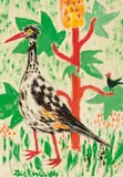 Gerhild Diesner, Black stork with scarlet-headed blackbird, 1964, mixed media on paper; framed