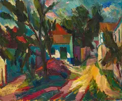 Viktor Lederer, Schwarzer-Kater-Hof in St. Margarethen (Burgenland), 1970, oil on canvas; framed