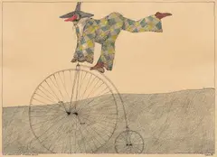 Paul Flora, Der kostümierte Hochradartist, 1985, India ink, coloured pencil on paper; framed