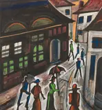 Hugo Scheiber, Street scene, mixed media on paper; framed