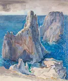 Faraglioni rocks of Capri by Ludwig Heinrich Jungnickel, mixed media on paper; framed, sold Mar 2024