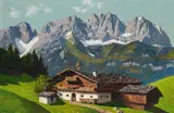 Karl Pancheri, Tyrolean farmhouse and Wilder Kaiser, oil on hardboard; framed