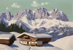 Mountain farm and Wilder Kaiser by Karl Pancheri, oil on hardboard; framed, sold Mar 2024