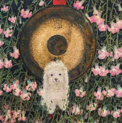 Erwin Dom Osen, Small Maltes dog with flowers, oil on canvas; framed
