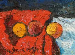 Fruit still life by Karl Stark, 1994, oil on hardboard; framed, sold Mar 2024