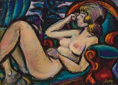 Helmut Arnez, Nude in chaise longue, 1972, oil on canvas; framed