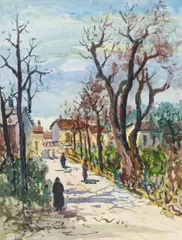 Oskar Laske, Village road, watercolour on paper; framed
