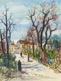 Oskar Laske, Village road, watercolour on paper; framed