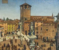 Oskar Laske, Piazza Vittorio Emanuele, Udine, 1918, mixed media on cardboard; framed