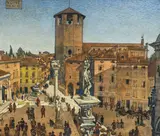 Oskar Laske, Piazza Vittorio Emanuele, Udine, 1918, mixed media on cardboard; framed