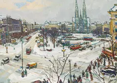 Emil Rizek, Winter in Vienna with a view of the Votive Church, 1939, mixed media on paper; framed