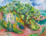 Anna Lesznai, Beach house, oil on cardboard; framed