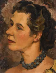 Portrait of a lady with blue pearl necklace by František Zdeněk Eberl, 1935/40, oil on board; framed, sold Mar 2024