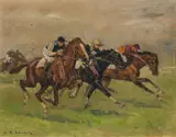 Carl Franz Bauer, Horse race, oil on cardboard; framed