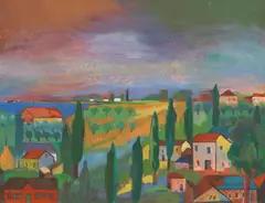 Southern landscape by Friedrich Aduatz, 1981, oil on cardboard; framed, sold Mar 2024