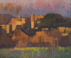 Franz Lex, Landscape with houses, oil on cardboard; framed
