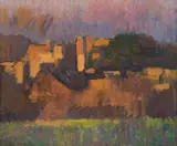 Franz Lex, Landscape with houses, oil on cardboard; framed