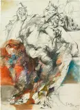 Fritz Martinz, Lying couple, 1970, mixed media on paper, framed