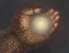 De Es Schwertberger, Stoneman's glowing hand, oil on canvas; unframed