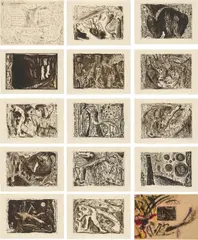 Gunter Damisch, Szenen aus Augfeld, 1984, 14 etchings on paper with original folder, colourfully painted
